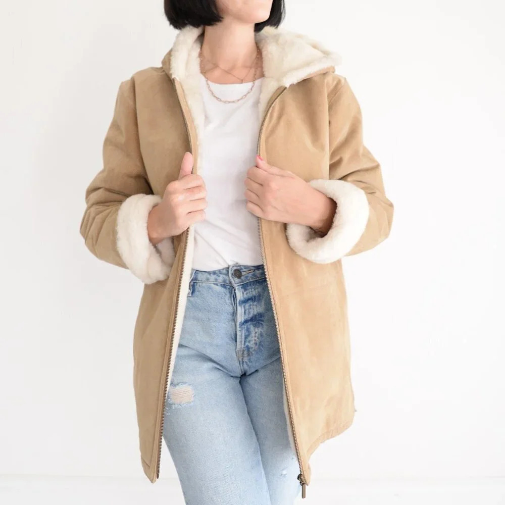 St. John Bay Beige Washable Suede Aviator Jacket with Hood SM
